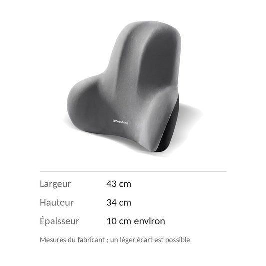Dimensions du coussin lombaire : 43 cm de large, 34 cm de haut, environ 10 cm d'épaisseur