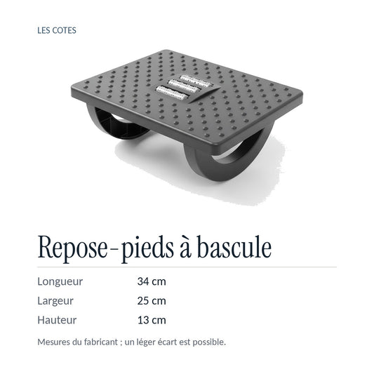 Les cotes du repose-pieds à bascule : 34 cm de long, 25 cm de large, 13 cm de haut