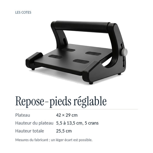 Les cotes du repose-pieds réglable : plateau 42 × 29 cm, hauteur du plateau de 5,5 à 13,5 cm en 5 crans, 25,5 cm hors tout