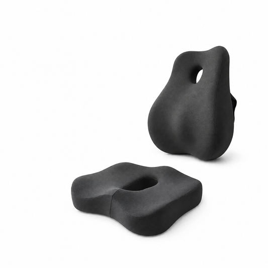 Kit noir : coussin d’assise et coussin lombaire séparés, vue de face en perspective