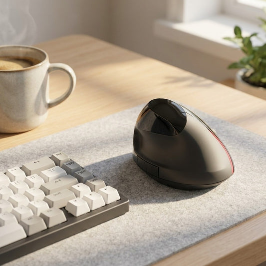 Mise en situation : souris verticale sur un sous-main, à côté du clavier