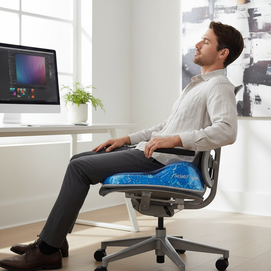 Visuel numérique d'une personne assise sur un coussin bleu portant l'inscription SciatiFresh