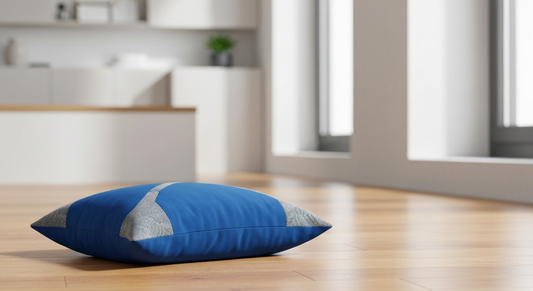 Gros coussin de sol beige dans un salon — Ergosia