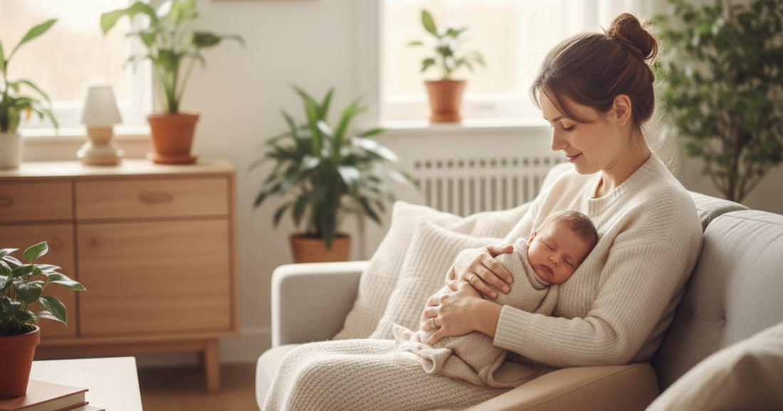 Jeune maman assise sereinement avec son bebe, confort apres accouchement