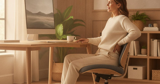 Femme assise confortablement sur un coussin ergonomique, douleur fesse droite