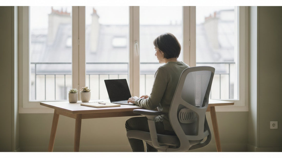 Personne travaillant assise a un bureau pres d'une fenetre - etude Ergosia La France assise