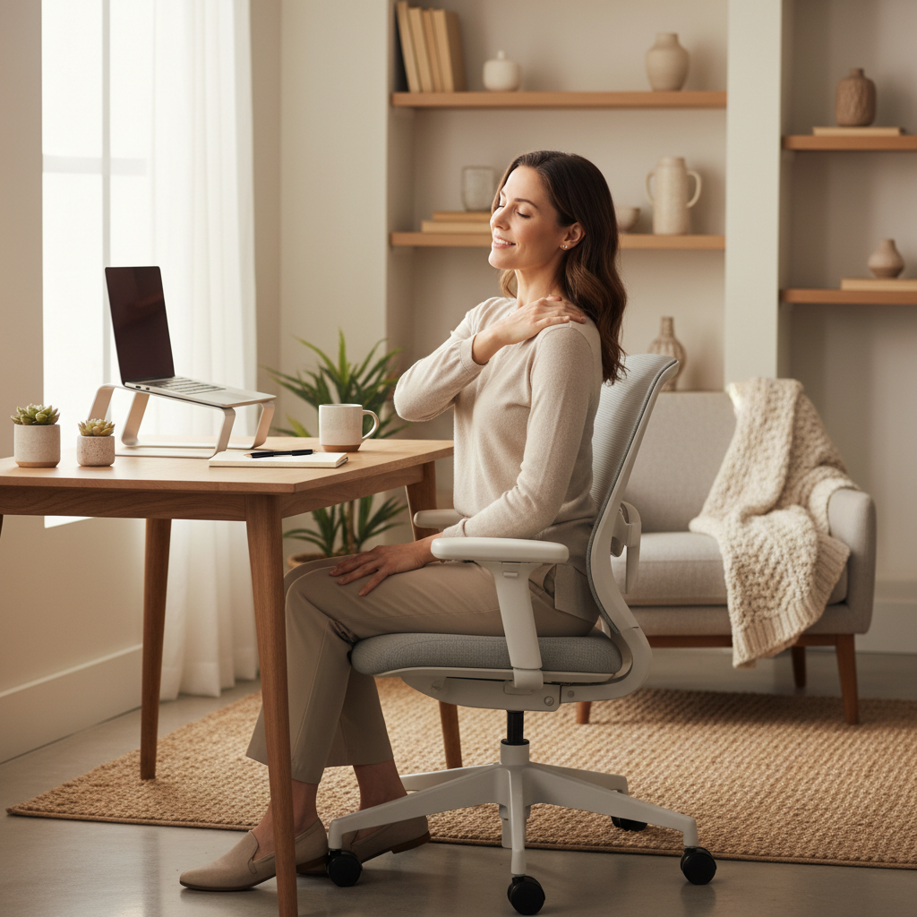 Femme soulageant une douleur à l'omoplate gauche au bureau
