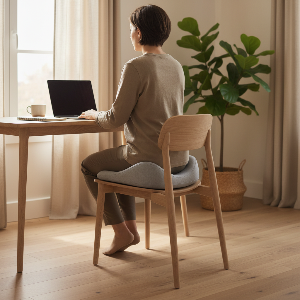 Personne travaillant au bureau avec un coussin ergonomique pour soulager la sciatique