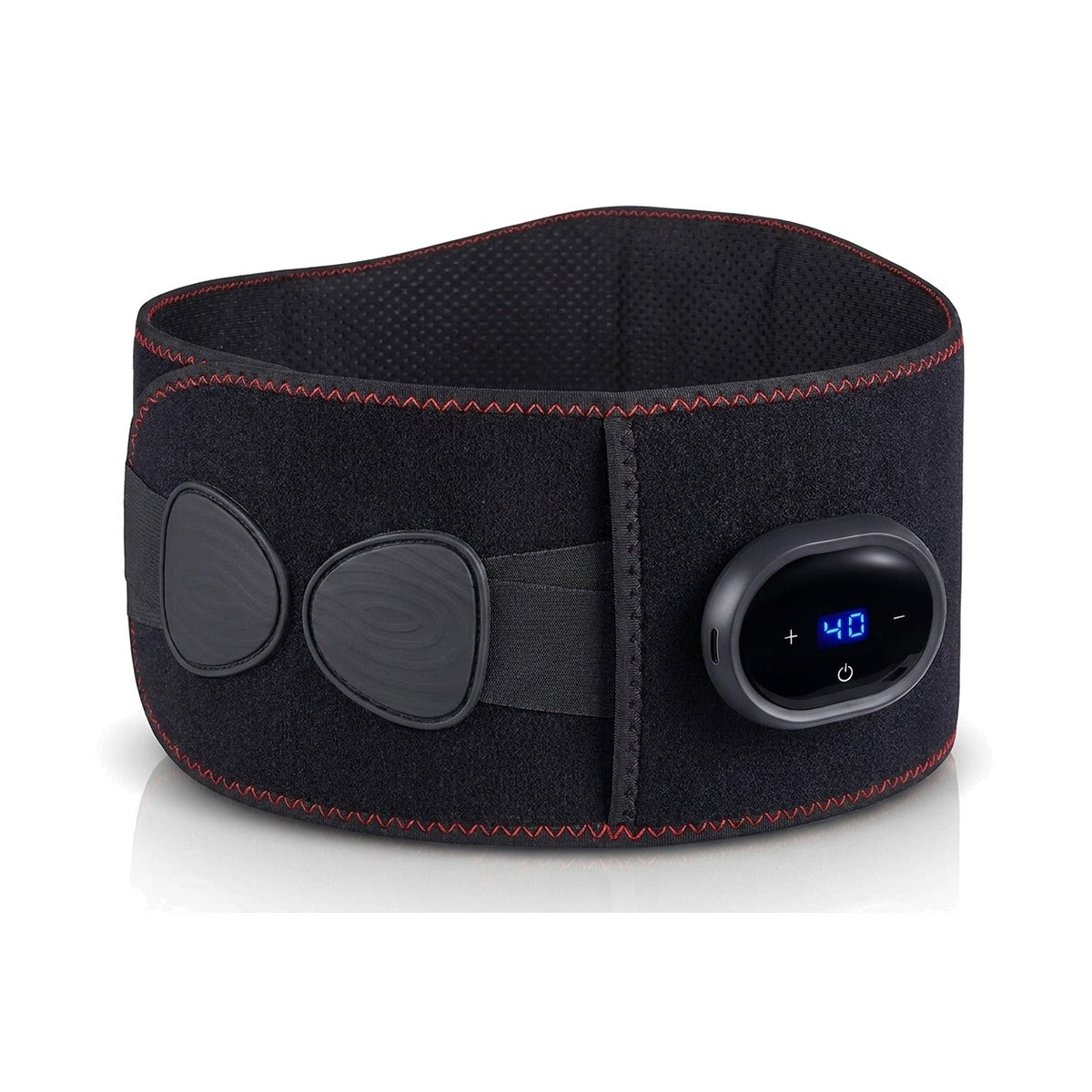 Ceinture lombaire chauffante et massante sans fil, noire surpiquée de rouge, avec son boîtier à écran LED, sur fond blanc