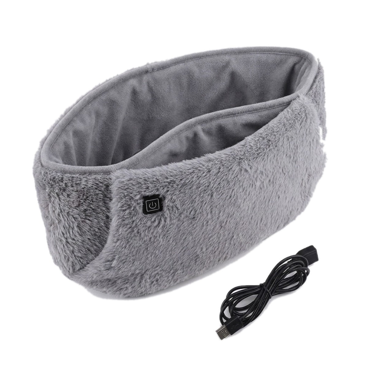 Ceinture chauffante USB en peluche grise, câble USB à côté, sur fond blanc