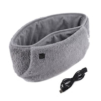 Ceinture chauffante USB en peluche grise, câble USB à côté, sur fond blanc