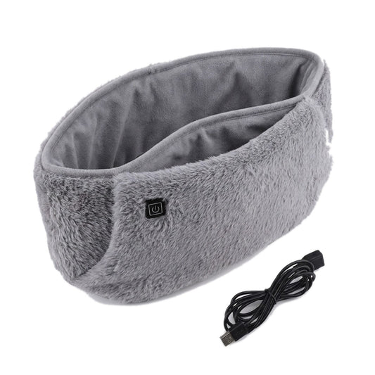 Ceinture chauffante USB en peluche grise, câble USB à côté, sur fond blanc