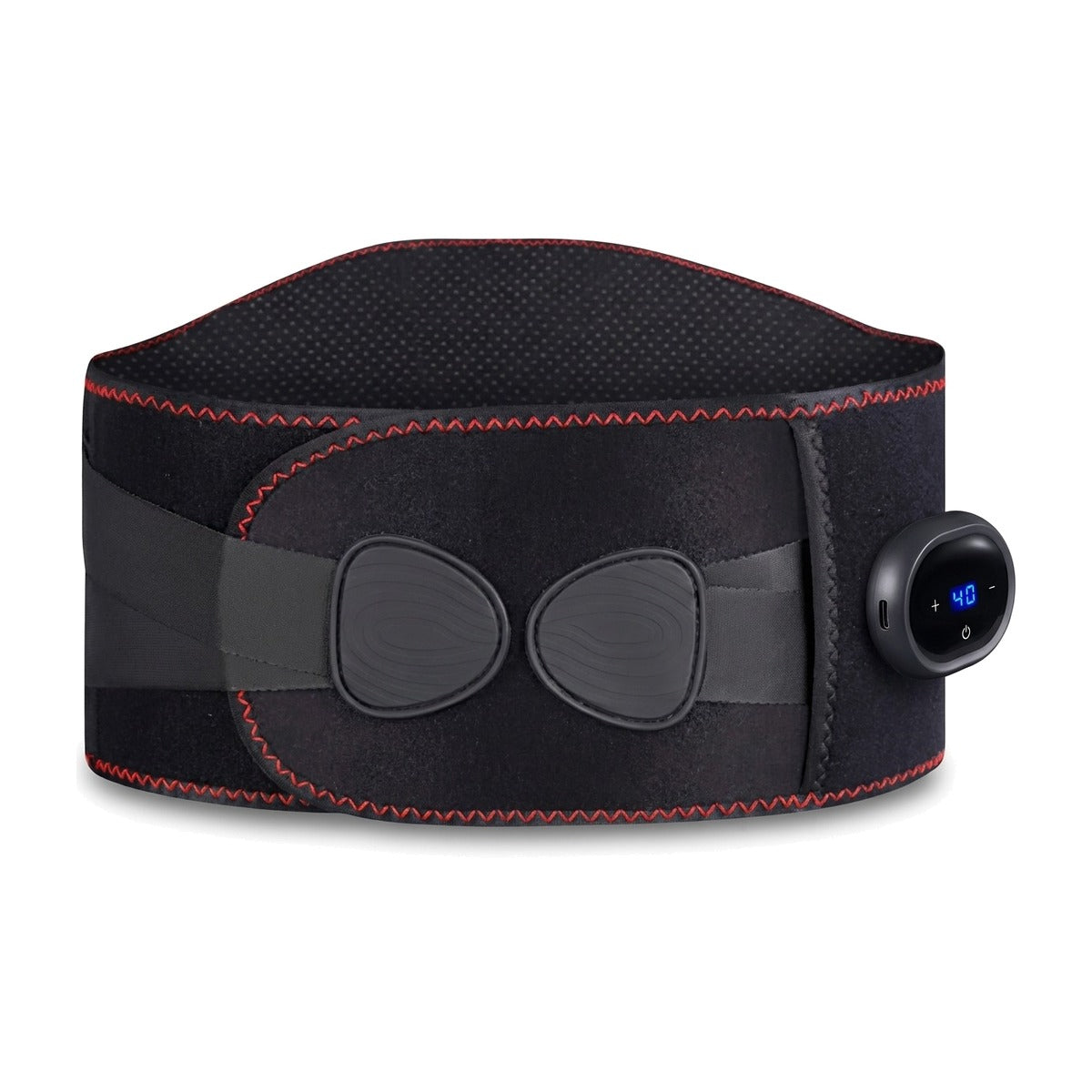 Ceinture lombaire chauffante et massante sans fil noire, avec son boîtier à écran LED, sur fond blanc