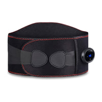 Ceinture lombaire chauffante et massante sans fil noire, avec son boîtier à écran LED, sur fond blanc