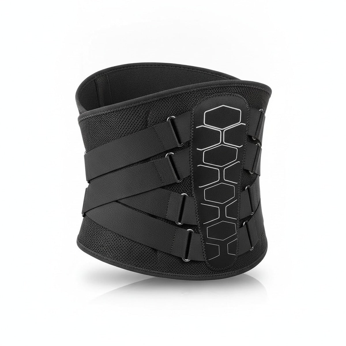 Ceinture lombaire de maintien noire à poulies, panneau dorsal à motif hexagonal, sur fond blanc