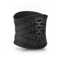 Ceinture lombaire de maintien noire à poulies, panneau dorsal à motif hexagonal, sur fond blanc