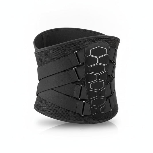 Ceinture lombaire de maintien noire à poulies, panneau dorsal à motif hexagonal, sur fond blanc