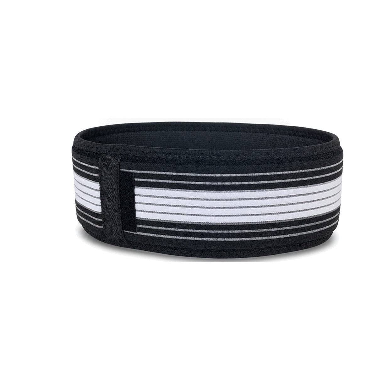 Ceinture sacro-iliaque noire à deux bandes élastiques blanches, fermée en boucle, sur fond blanc