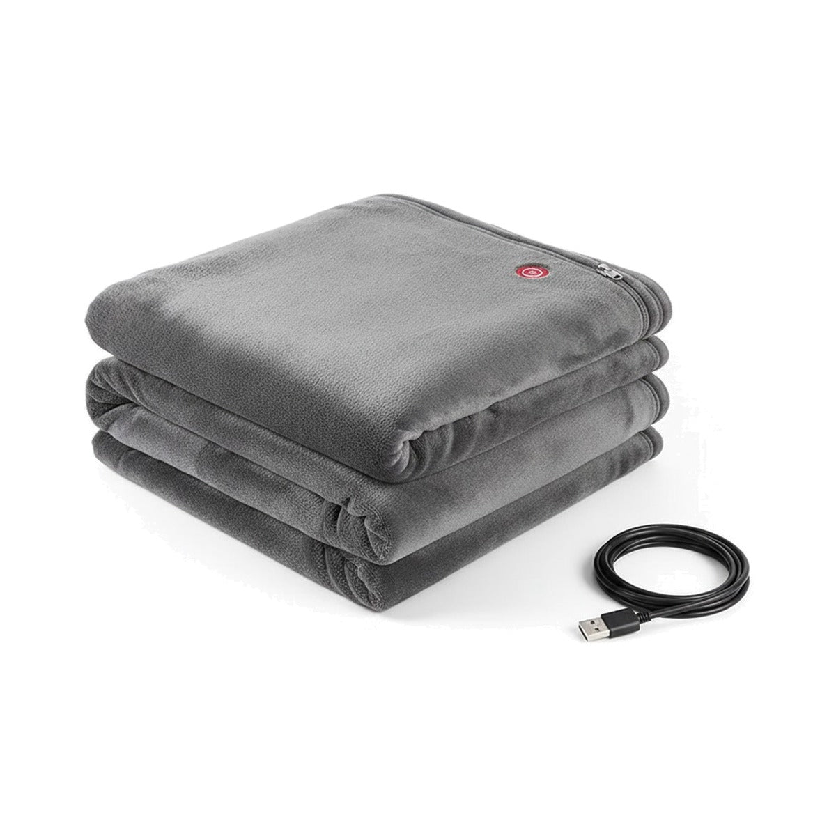 Châle chauffant USB gris anthracite en flanelle, plié, câble USB à côté, sur fond blanc