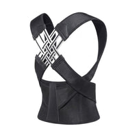 Correcteur de posture noir à sangles croisées et ceinture, vu de dos, sur fond blanc