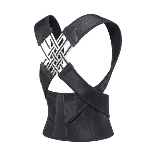 Correcteur de posture noir à sangles croisées et ceinture, vu de dos, sur fond blanc
