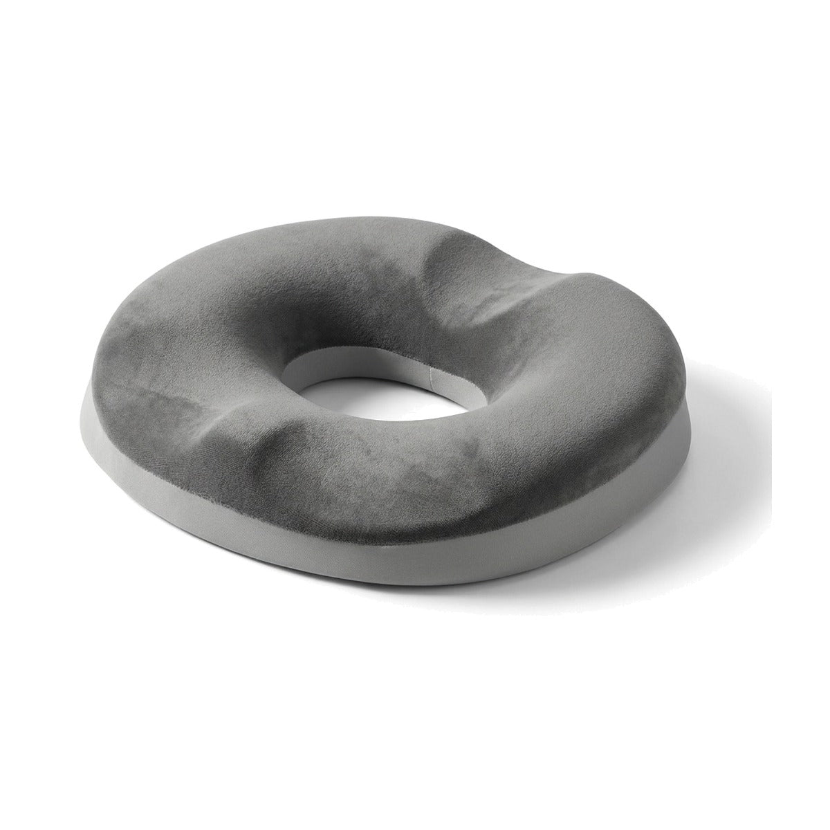 Coussin bouée gris en mousse à mémoire de forme, ouverture centrale, sur fond blanc
