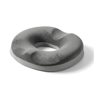 Coussin bouée gris en mousse à mémoire de forme, ouverture centrale, sur fond blanc