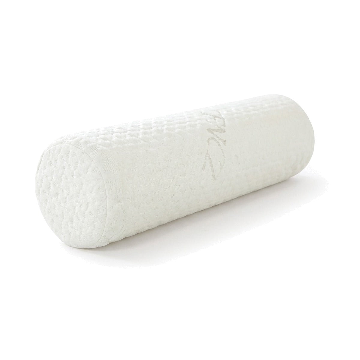 Coussin cylindrique blanc à mémoire de forme, housse en maille à picots, sur fond blanc