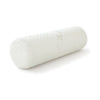 Coussin cylindrique blanc à mémoire de forme, housse en maille à picots, sur fond blanc