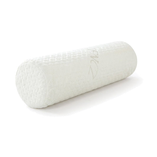 Coussin cylindrique blanc à mémoire de forme, housse en maille à picots, sur fond blanc