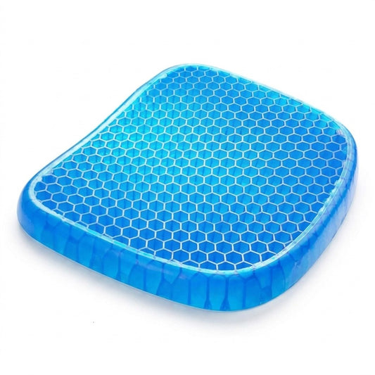 Coussin en gel nid d’abeille bleu translucide sur fond blanc