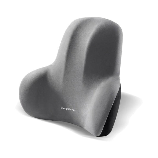 Coussin lombaire et dorsal gris à mémoire de forme, sur fond blanc