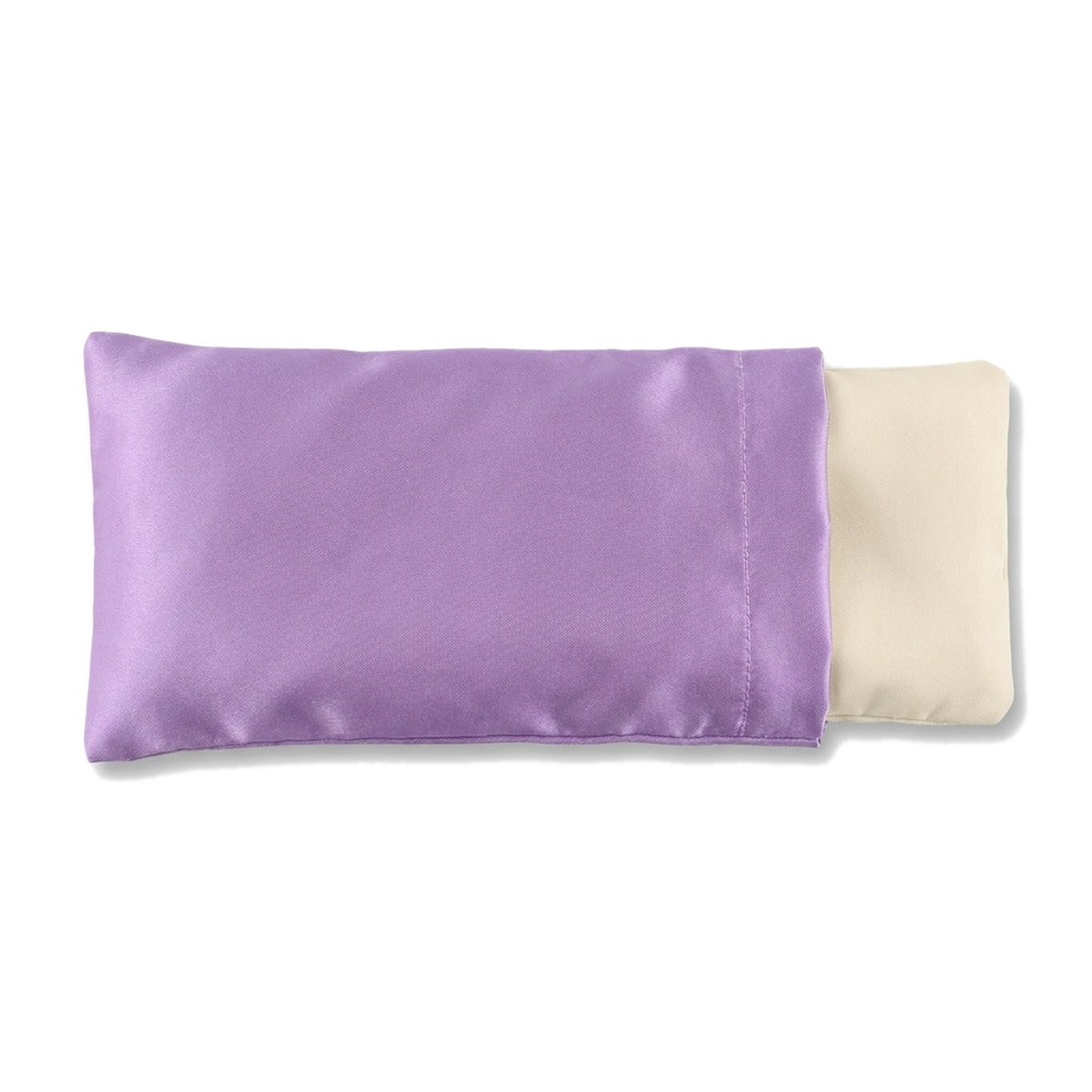 Coussin pour les yeux à la lavande, housse en satin lavande et sachet intérieur, sur fond blanc