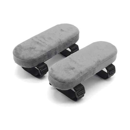 Paire de coussins d'accoudoirs gris en velours avec sangles noires, sur fond blanc