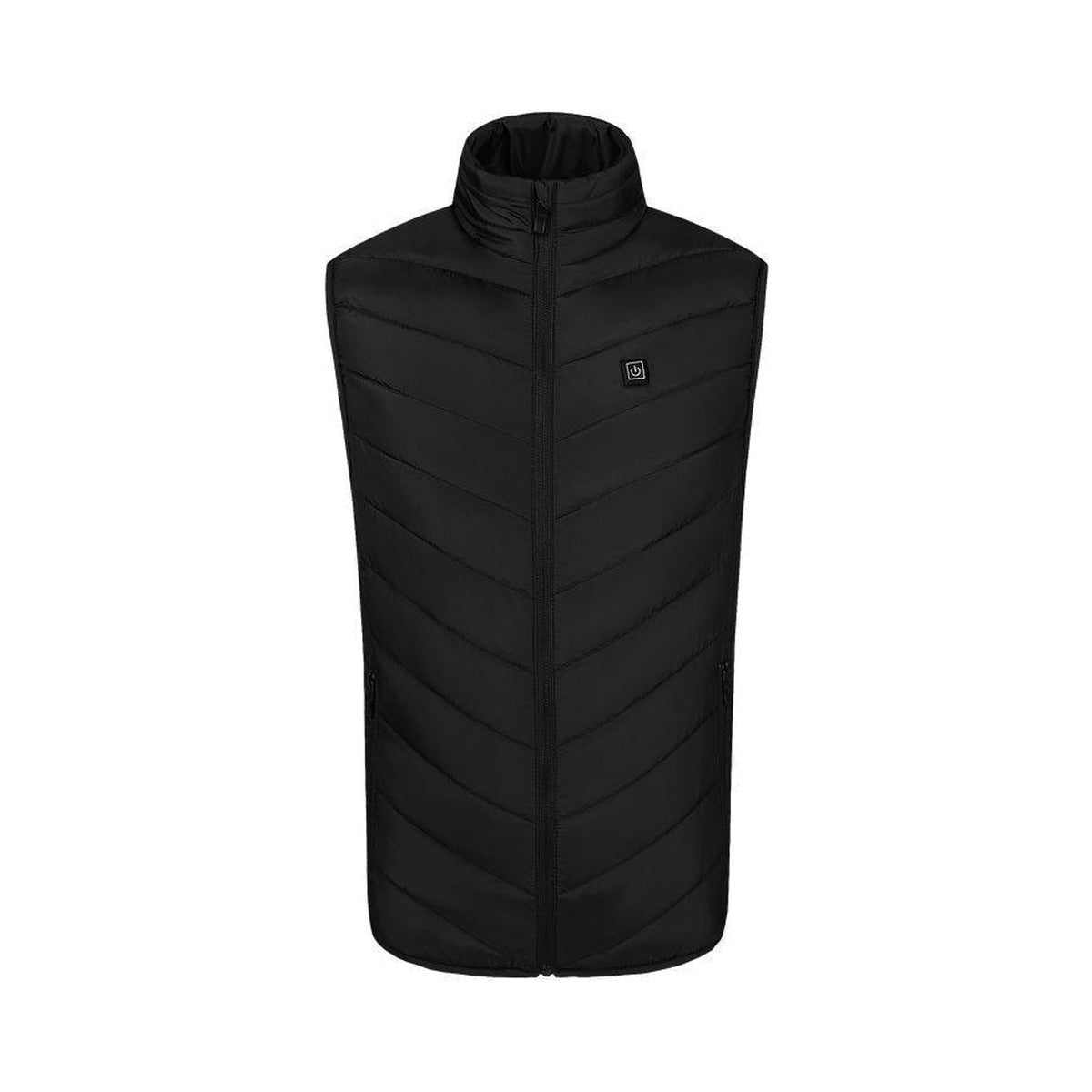 Gilet chauffant USB noir, matelassé, col montant, bouton de chauffe sur la poitrine, sur fond blanc