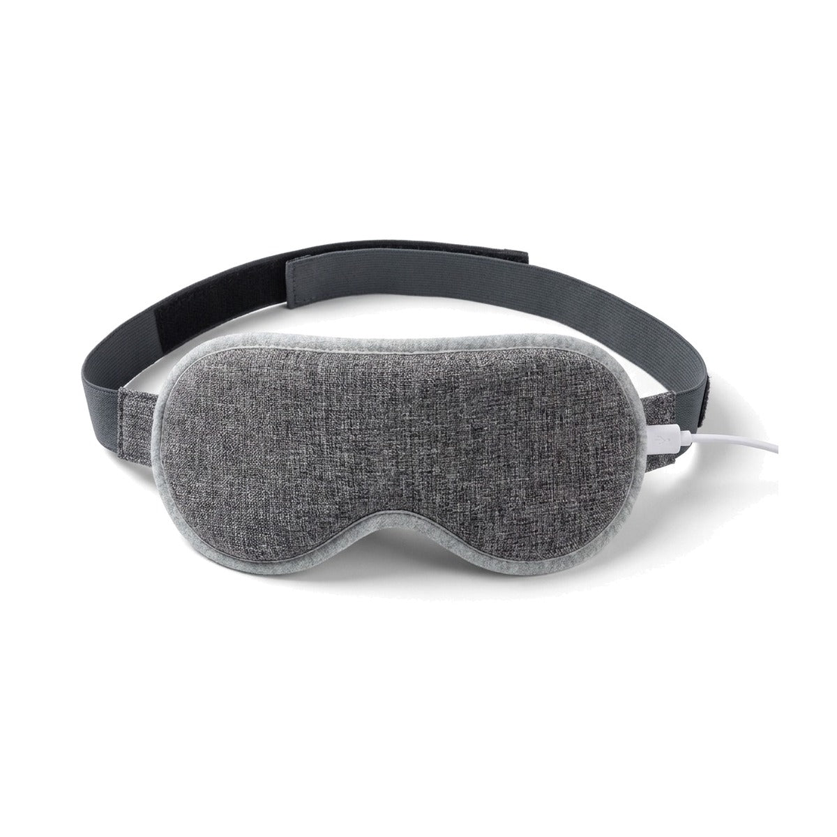 Masque chauffant pour les yeux gris chiné, liseré gris clair, bandeau élastique et câble USB, sur fond blanc