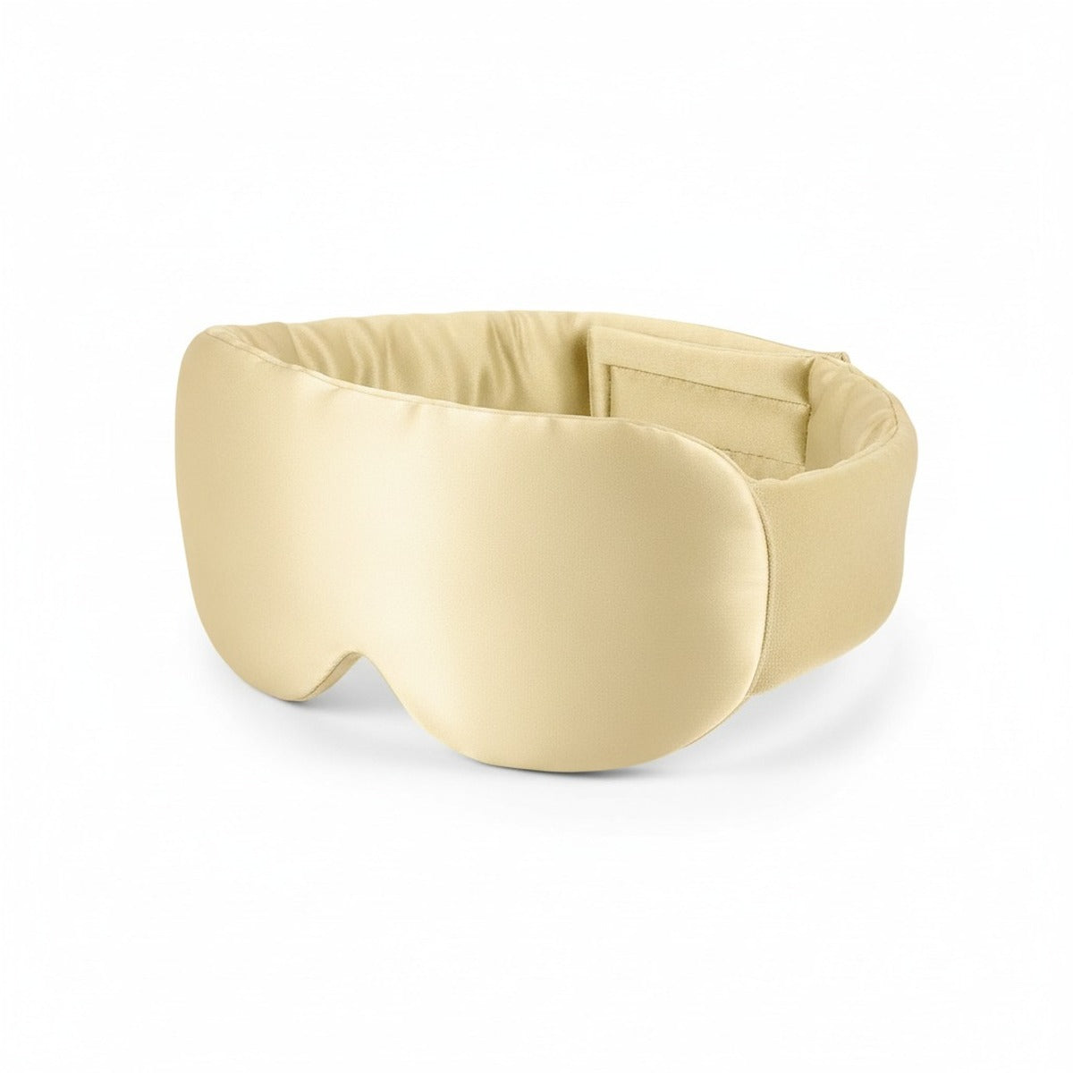 Masque de nuit en soie de mûrier champagne, bandeau large enveloppant, sur fond blanc