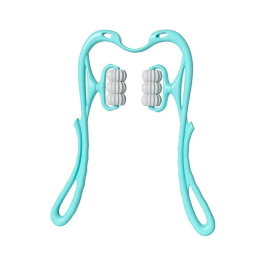 Masseur de nuque manuel turquoise à deux rouleaux gris, sur fond blanc