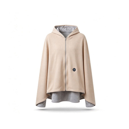 Poncho chauffant à capuche beige, fermeture éclair et bouton de chauffe, doublure grise, sur fond blanc