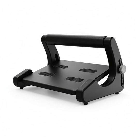 Repose-pieds de bureau réglable noir, plateau à quatre zones texturées et barre supérieure, sur fond blanc