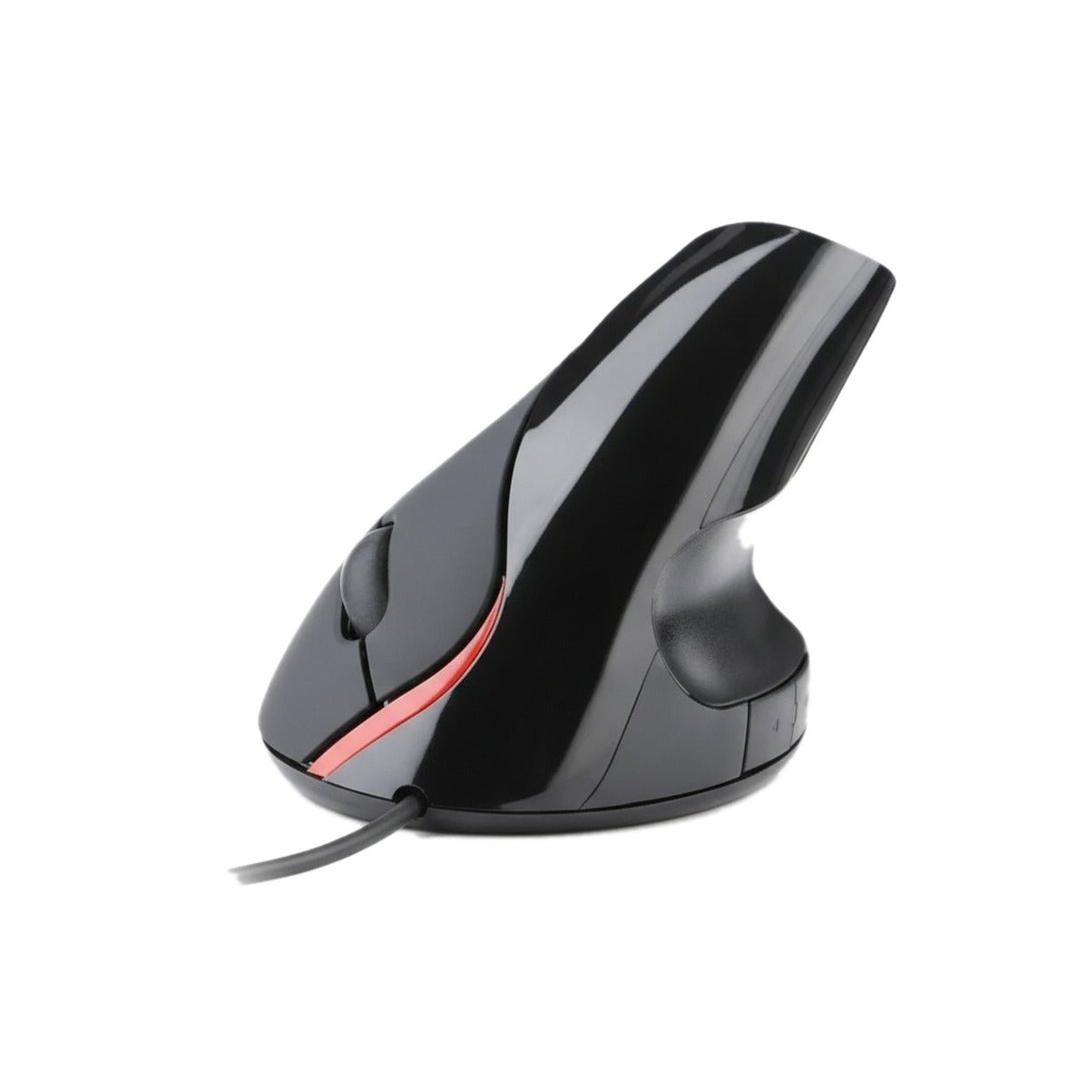 Souris verticale ergonomique filaire noire, prise de côté, sur fond blanc