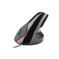 Souris verticale ergonomique filaire noire, prise de côté, sur fond blanc