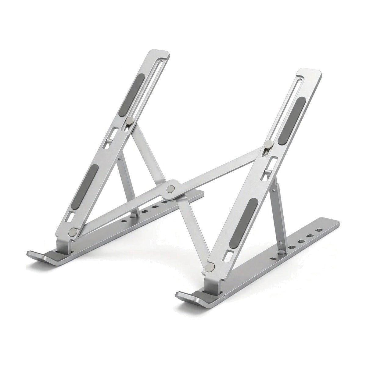Support d'ordinateur portable pliable en aluminium argent, déplié, sur fond blanc