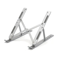 Support d'ordinateur portable pliable en aluminium argent, déplié, sur fond blanc