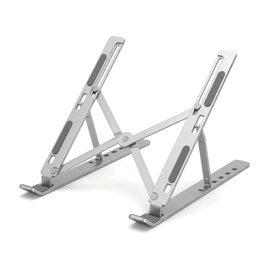 Support d'ordinateur portable pliable en aluminium argent, déplié, sur fond blanc