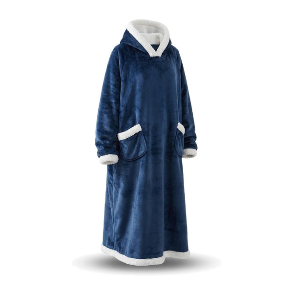 Sweat plaid à capuche géant bleu marine, doublure sherpa blanche, sur fond blanc
