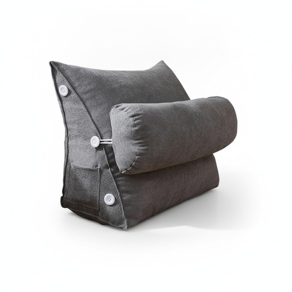 Coussin dossier de lecture triangulaire gris avec traversin amovible, sur fond blanc