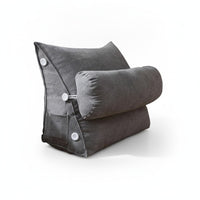 Coussin dossier de lecture triangulaire gris avec traversin amovible, sur fond blanc