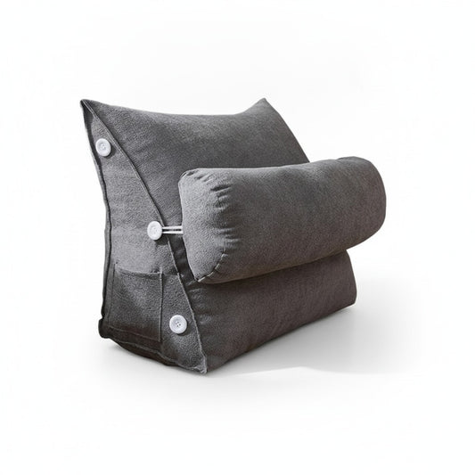 Coussin dossier de lecture triangulaire gris avec traversin amovible, sur fond blanc