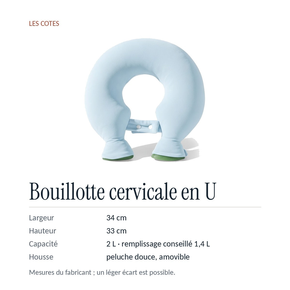 Les cotes : 34 × 33 cm, capacité 2 L, remplissage conseillé 1,4 L